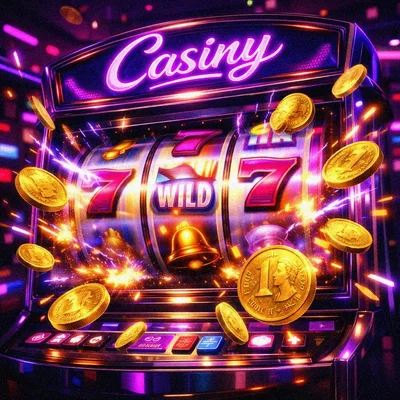Spinning modern slot reels with golden coins flying out